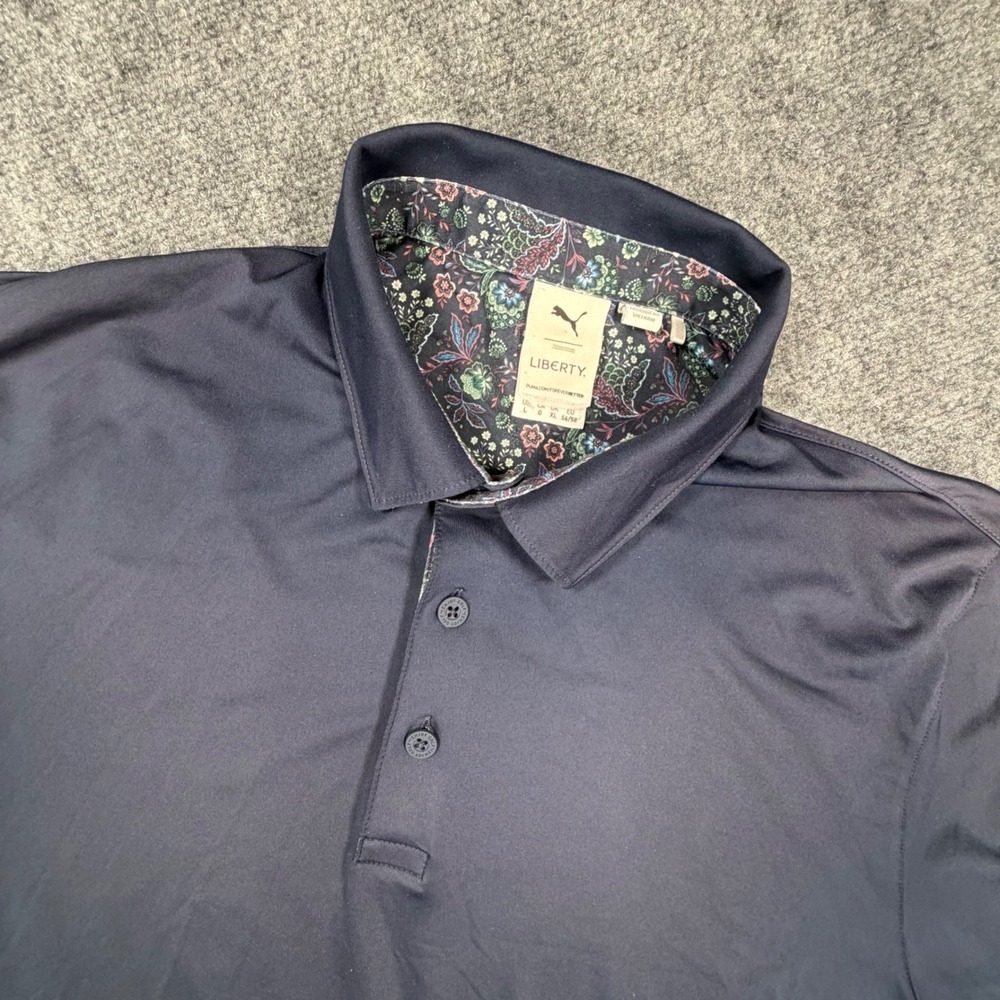 Puma x Liberty London Mens Golf Polo Shirt Large Navy Blue Floral Paisley 0642